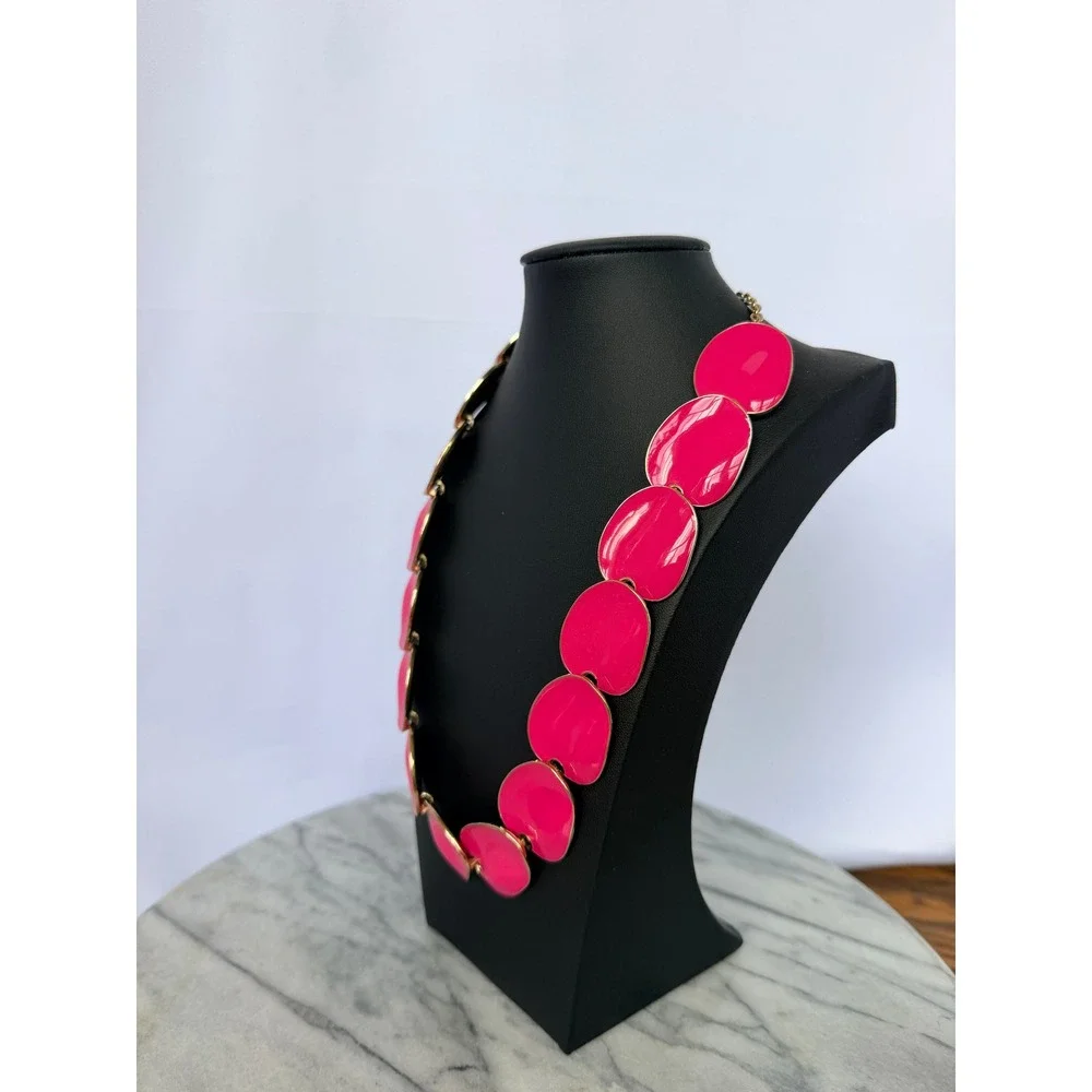 Talbots Hot Pink Fuchsia Enamel Petal Statement Necklace Gold Tone Adjustable